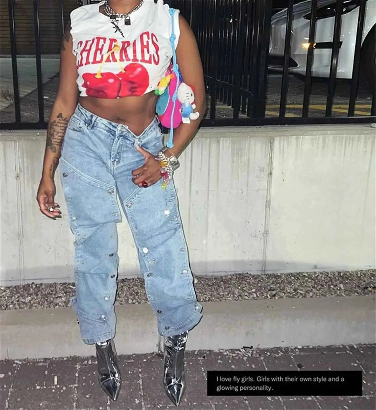 CM YAYA Women Streetwear Button Cutout Cargo Denim Jeans Wide Leg Pants Elastic Waist 2024 Fashion Party Trousers
