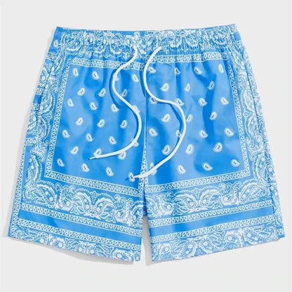 Mens Classic Perris Pattern Beach Shorts With Drawstring Board Shorts For Hawaii Vacation Swim Trunks