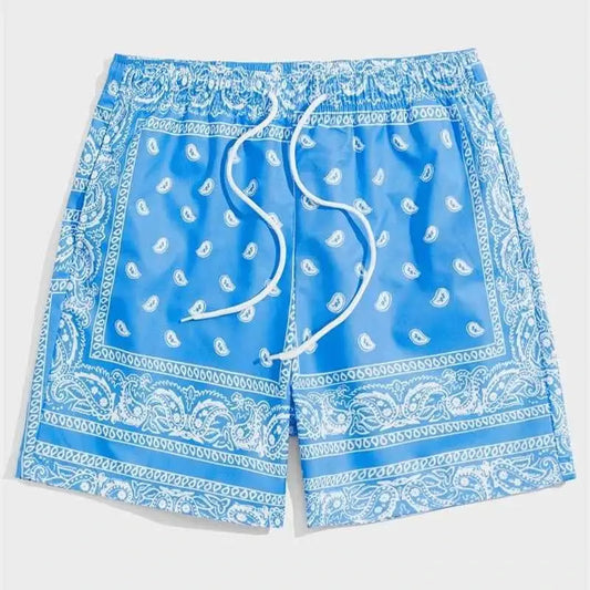 Mens Classic Perris Pattern Beach Shorts With Drawstring Board Shorts For Hawaii Vacation Swim Trunks