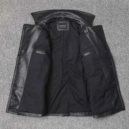 Genuine Leather Jacket For Men Top Layer Cowhide Mid Length Slim Fit Double Breasted Lapel Windbreaker