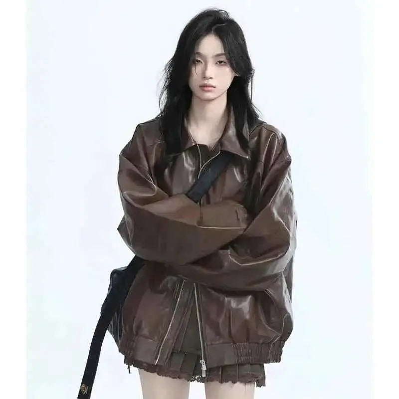 Retro Ladies Fashion Zipper Faux Leather Jacket Spring Autumn Women Long Sleeves Leather Coat PU Leather Outerwear 2025
