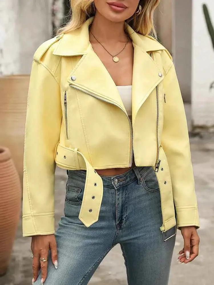 Women Faux PU Leather Short Jacket Belted Motorcycle Style Zipper Lapel Spring Autumn Outwear
