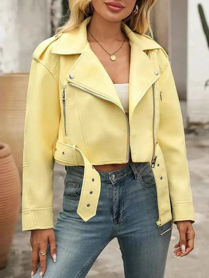 Women Faux PU Leather Short Jacket Belted Motorcycle Style Zipper Lapel Spring Autumn Outwear