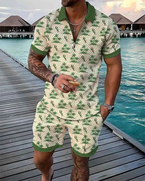 Mens Summer Tracksuit Set 3D Printed Casual Short Sleeve T Shirt With Lapel Zip Polo For Jogging