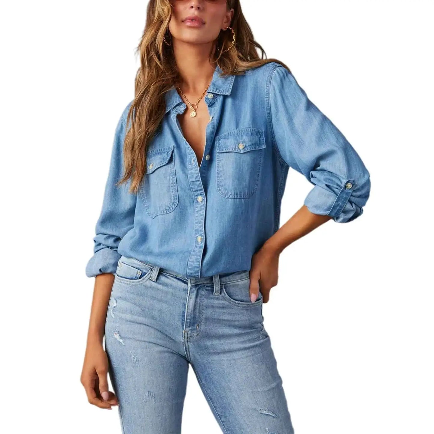 Womens Denim Shirt Solid Color Turn Down Collar Long Sleeve Jean Blouse Spring Casual Streetwear Top for Everyday Wear