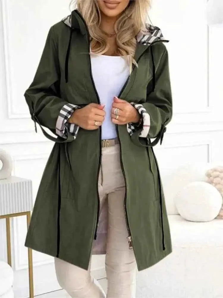 Autumn Winter Splicing Plaid Windbreaker Coat For Women Hooded Zipper Pocket Drawstring Waist Long Jacket