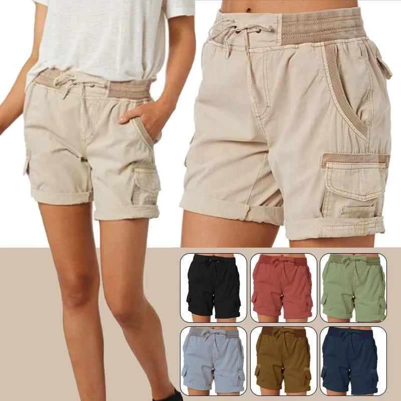 Womens Cargo Shorts High Waisted Elastic Waist Cotton Blend Casual Summer Bottoms Lightweight Breathable Everyday Wear
