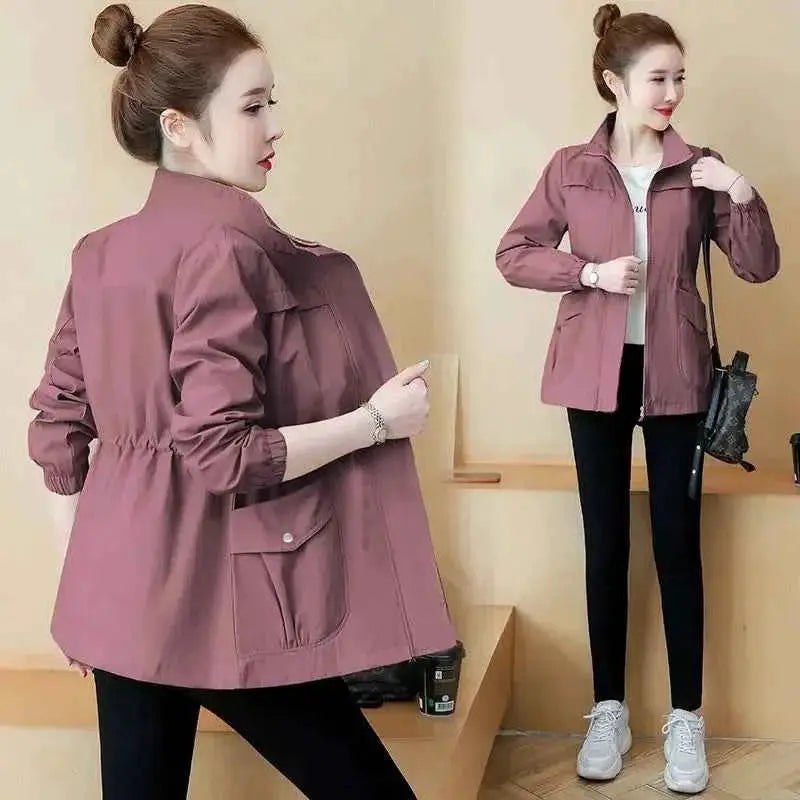 Women's Short Jacket Windbreaker Double Layer Autumn Casual Slim Fit Coat Stand Up Collar Fashion Ladies Outerwear