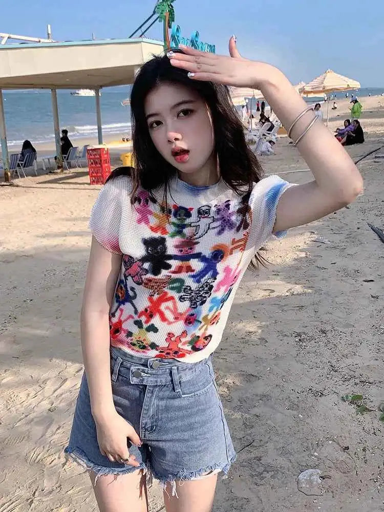 Womens Harajuku Korean Y2K Graphic Print Short Sleeve T Shirt O Neck Top Vintage Streetwear Summer