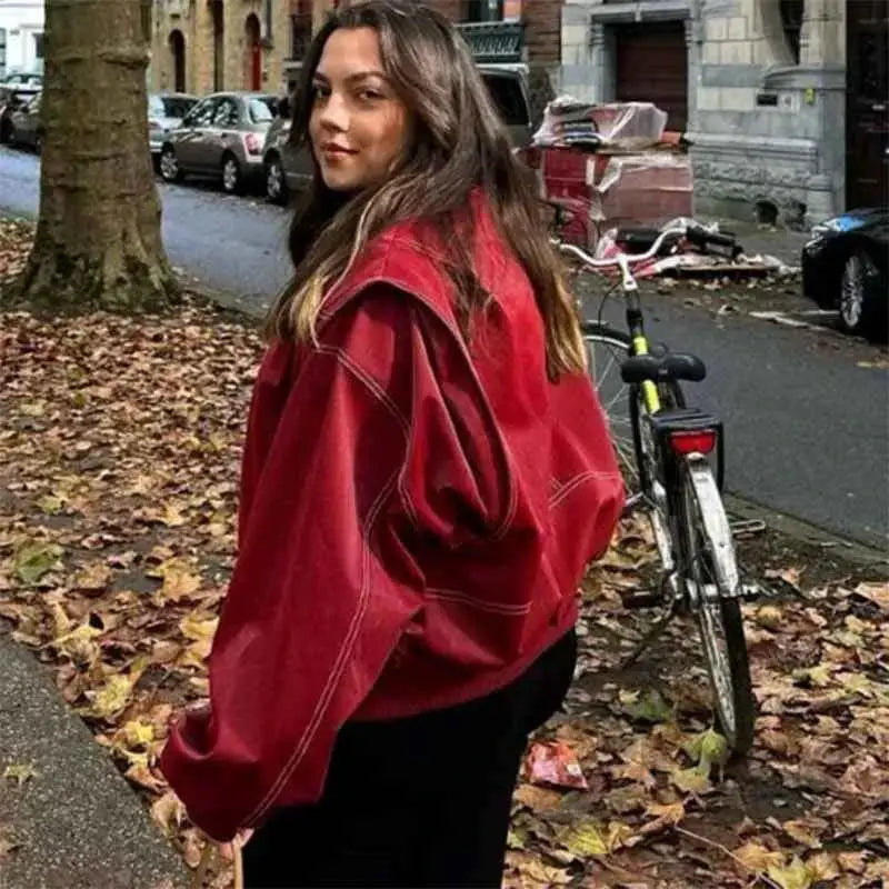 Women PU Leather Jacket Zipper Streetwear Vintage Contrast Stitch Lapel Loose Coat Fall Winter 2024 Trendy