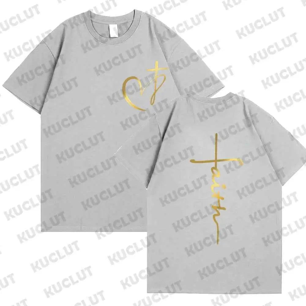Women's Summer T Shirt Heart Cross Print Faith Jesus Tee Short Sleeve Top Fashion Brand Clothing