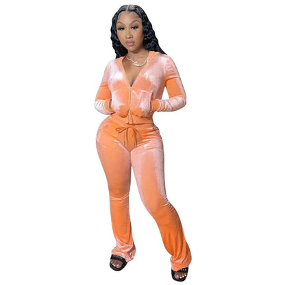 Women Autumn Velour Tracksuit Set Two Piece Zip Up Hooded Jacket Bodycon Flared Pants Jogger Outfit