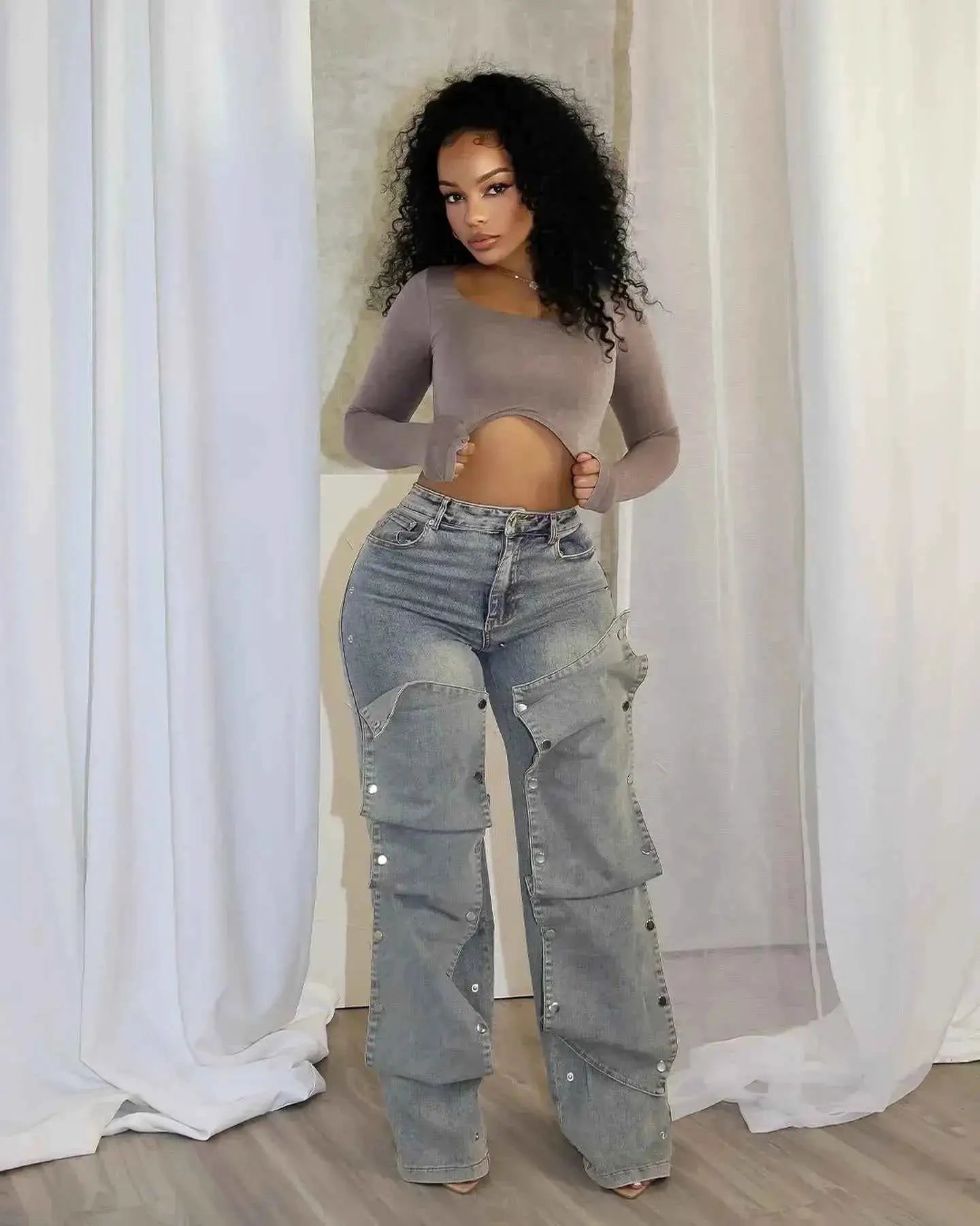 CM YAYA Women Streetwear Button Cutout Cargo Denim Jeans Wide Leg Pants Elastic Waist 2024 Fashion Party Trousers
