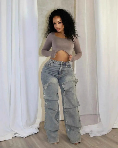 CM YAYA Women Streetwear Button Cutout Cargo Denim Jeans Wide Leg Pants Elastic Waist 2024 Fashion Party Trousers