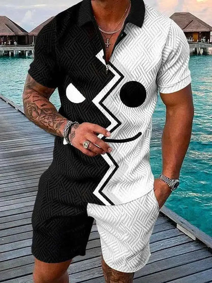 Mens Summer Tracksuit Set 3D Printed Casual Short Sleeve T Shirt With Lapel Zip Polo For Jogging
