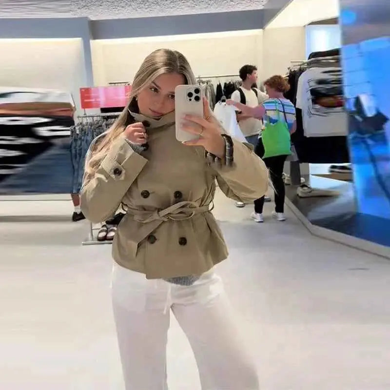 Khaki Women Windbreaker Jacket Double Belt Long Sleeve Lapel Button Casual Streetwear 2025 Autumn Winter