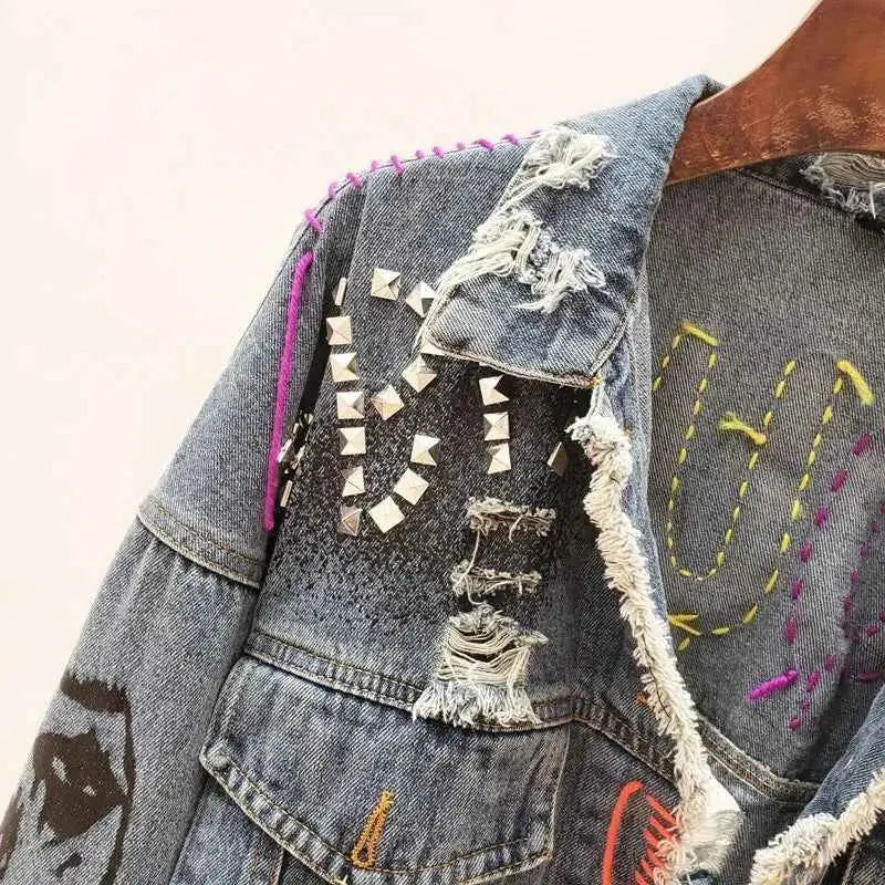 2026 Spring Autumn Women Graffiti Denim Jacket Frayed Raw Cut Rivet Fringe Jean Coat Outwear