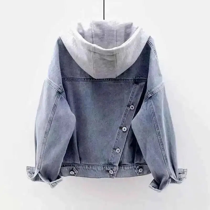 Women Hooded Denim Jacket Spring Autumn With Long Sleeves And Big Pockets Korean Style Single Breasted