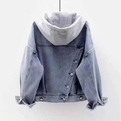Women Hooded Denim Jacket Spring Autumn With Long Sleeves And Big Pockets Korean Style Single Breasted