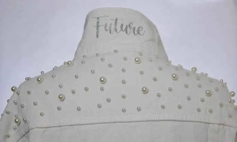 Bride To Be Personalized White Pearl Denim Jacket Bachelorette Gift With Custom Name For Bridesmaids