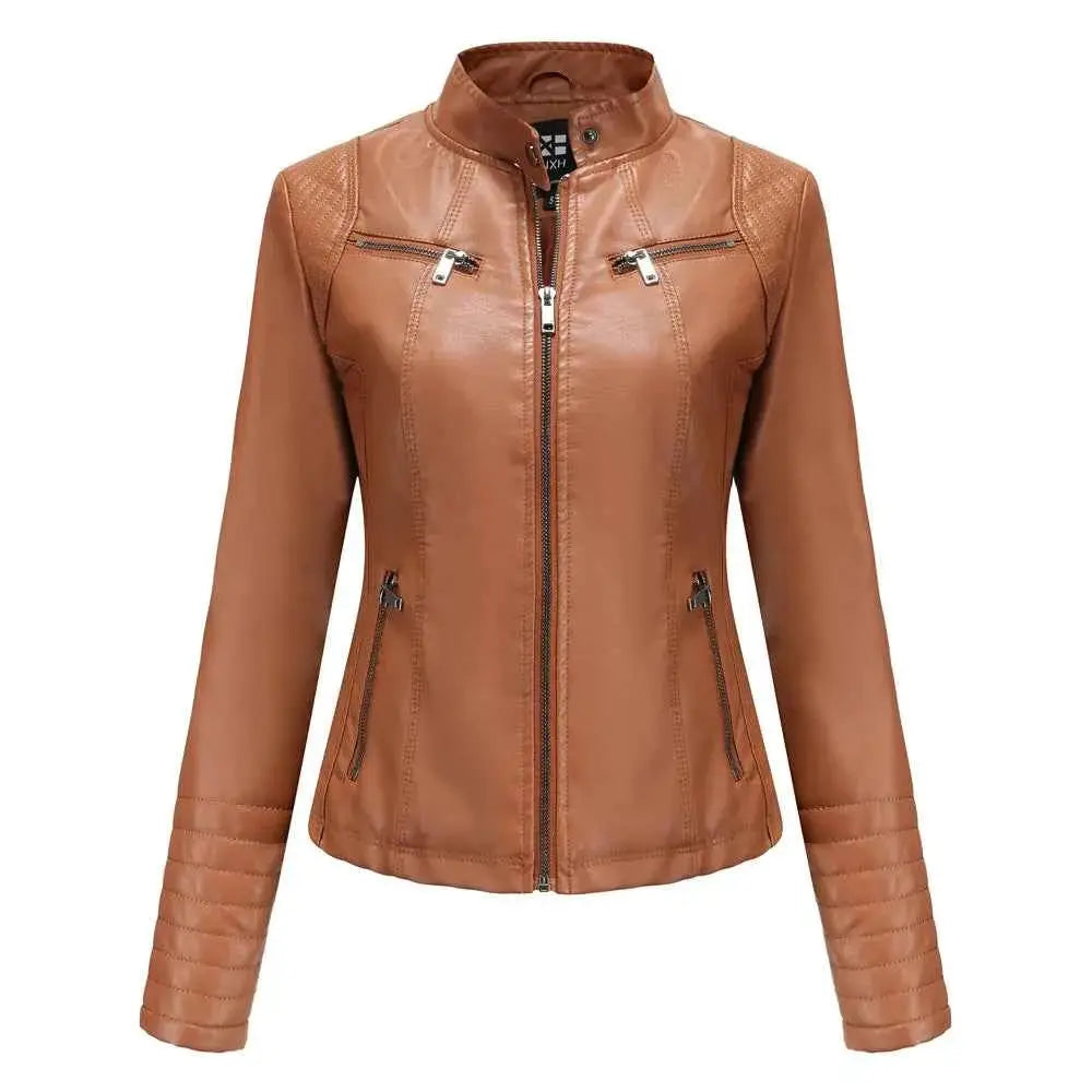 2026 Women's Slim Leather Jacket With Stand Up Collar Zipper Stitching Monochrome PU Coat Fashion Clothing