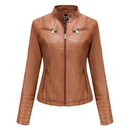 2026 Women's Slim Leather Jacket With Stand Up Collar Zipper Stitching Monochrome PU Coat Fashion Clothing