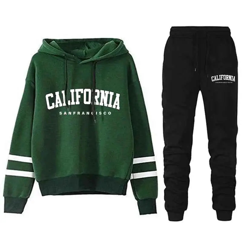 California Womens Tracksuit Set Casual Striped Hooded Sweatshirt and Pants Versatile Streetwear S to 3XL