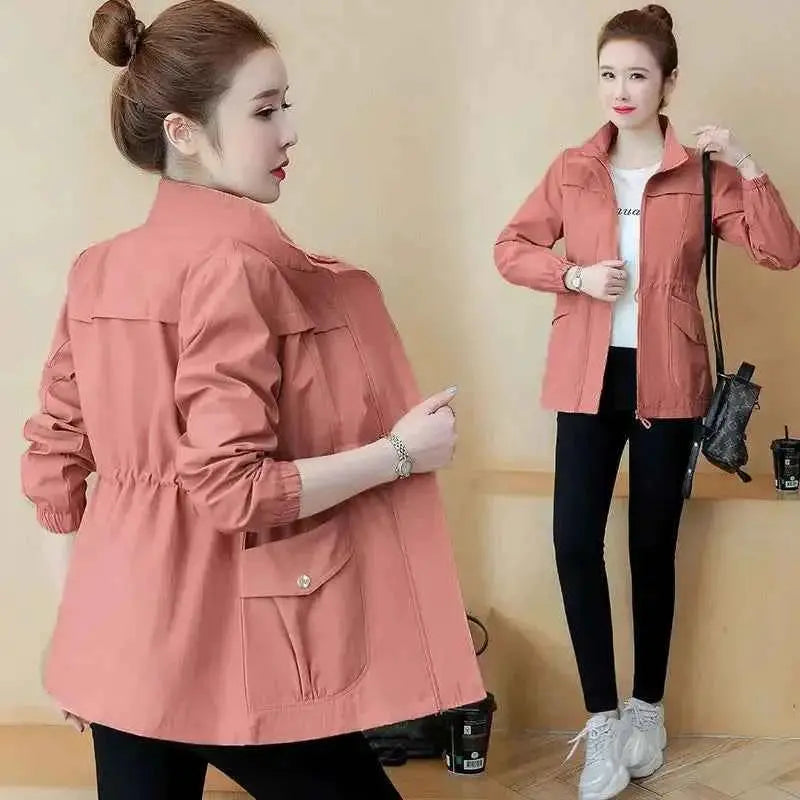 Women's Short Jacket Windbreaker Double Layer Autumn Casual Slim Fit Coat Stand Up Collar Fashion Ladies Outerwear
