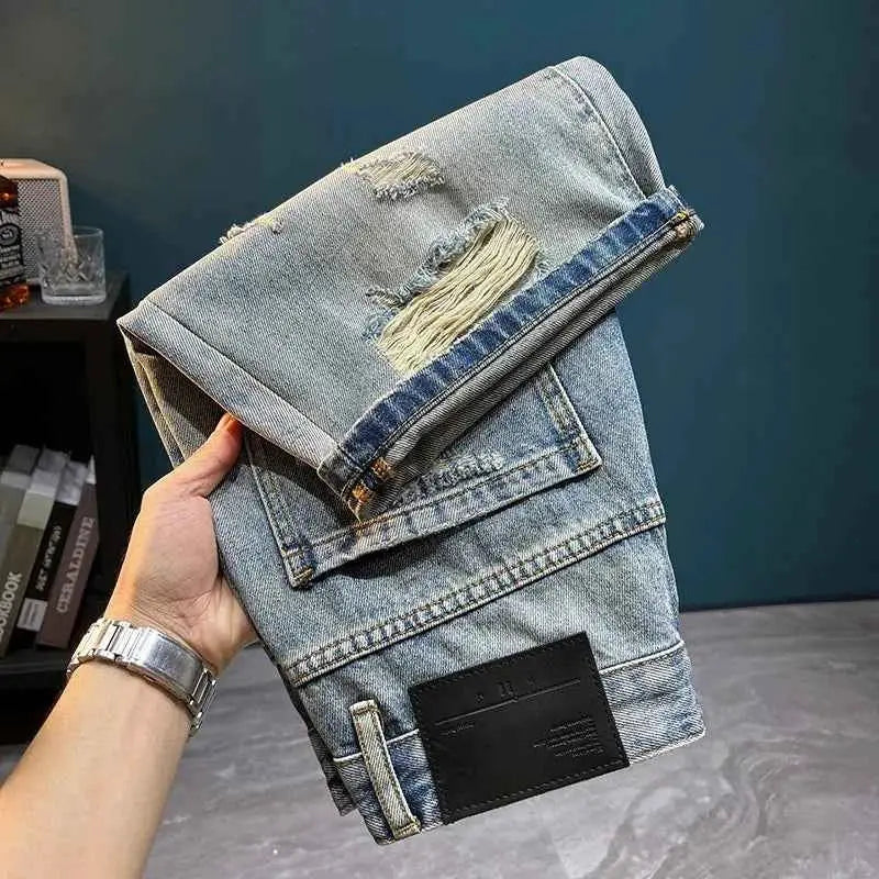Korean Ripped Mens Denim Shorts Vintage Style Casual Summer Everyday Wear TeenStylo