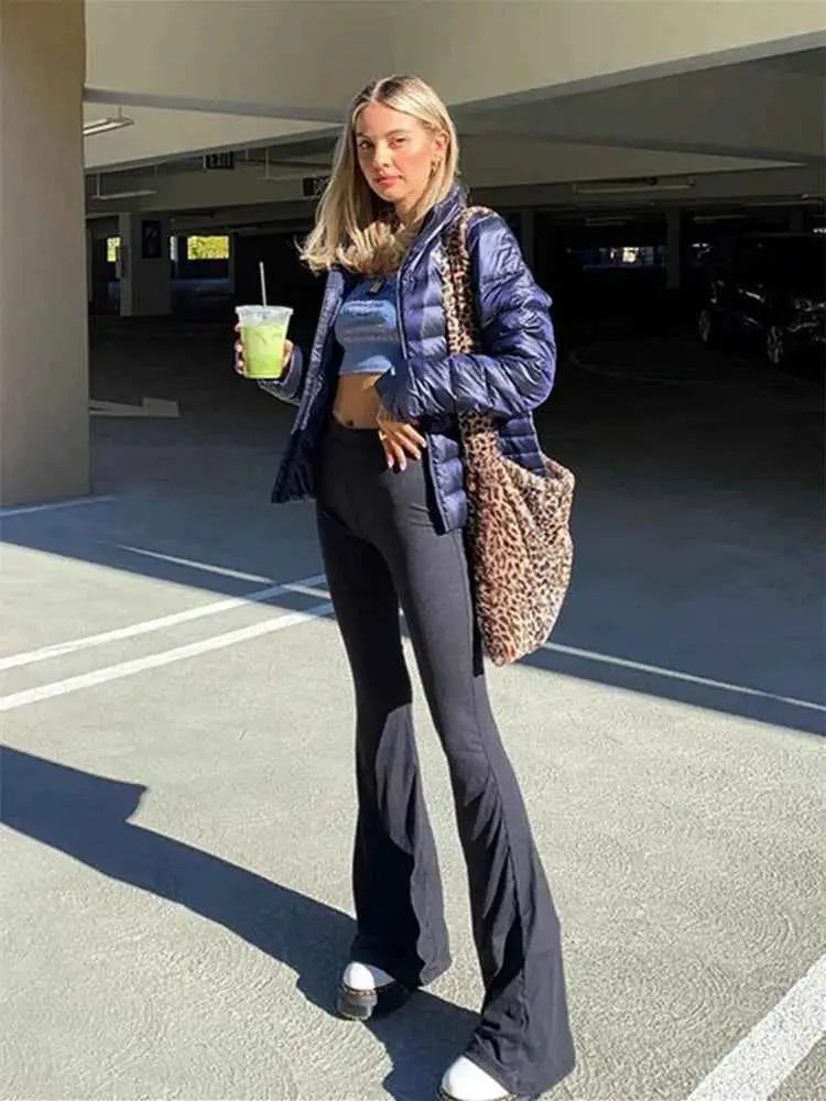 Solid Black High Waisted Slim Fitting Streetwear Flare Pants For Women Full Length Casual Trousers
