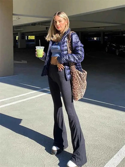 Solid Black High Waisted Slim Fitting Streetwear Flare Pants For Women Full Length Casual Trousers