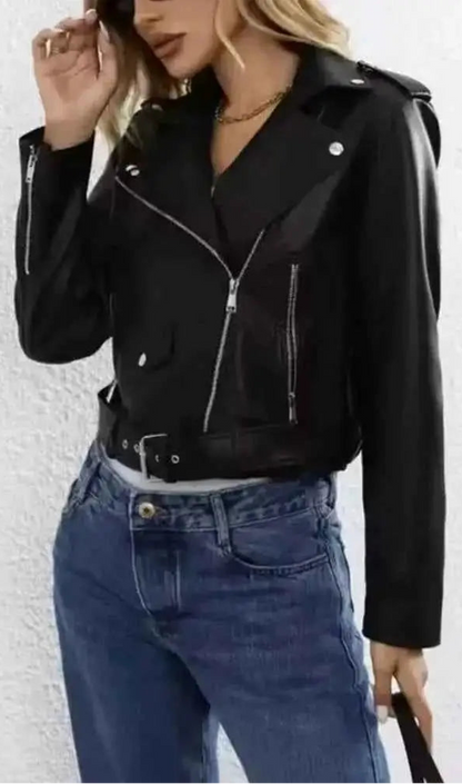 BBWM Faux PU Leather Jacket for Women Short Zipper Lapel Motorcycle Style High Street Coat