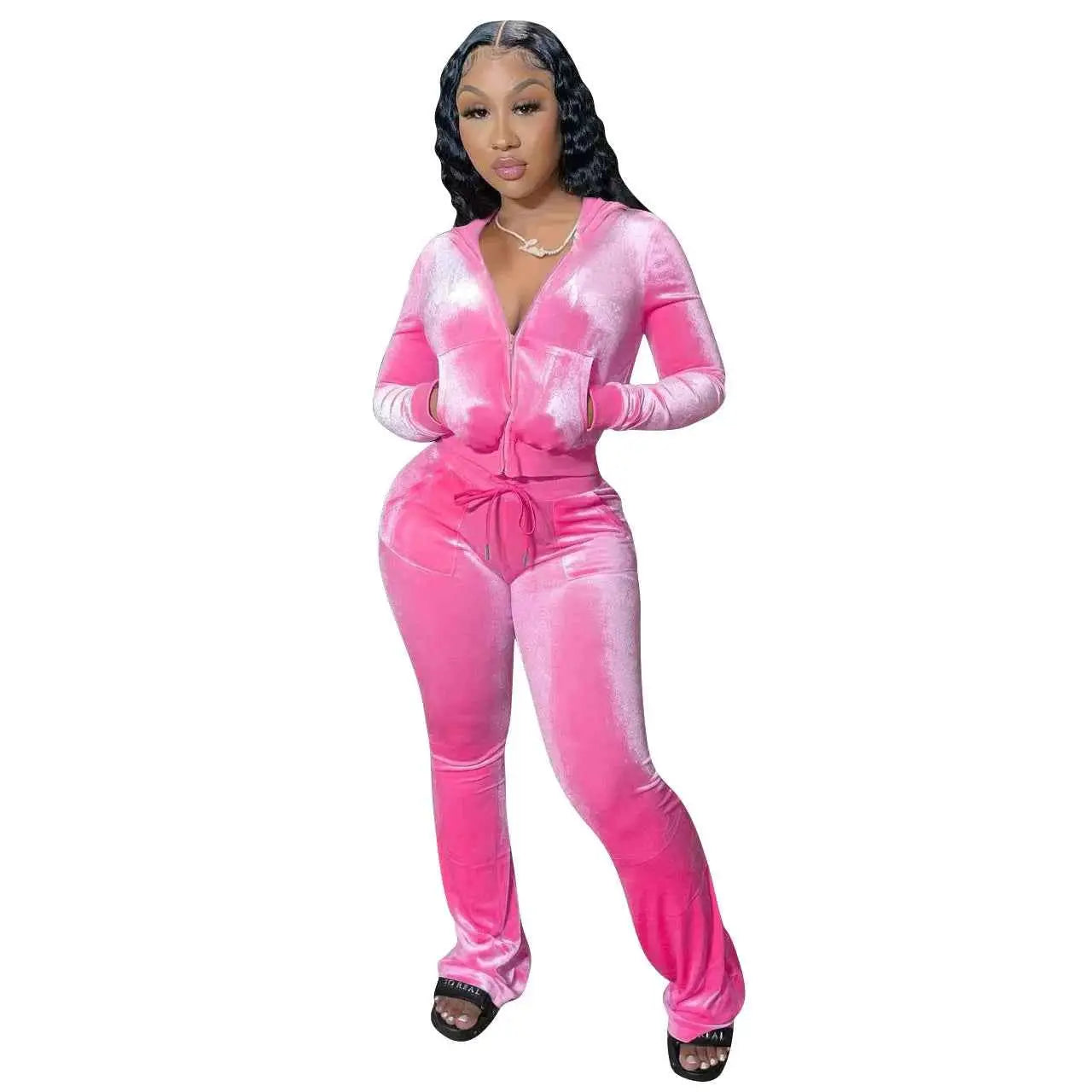 Women Autumn Velour Tracksuit Set Two Piece Zip Up Hooded Jacket Bodycon Flared Pants Jogger Outfit