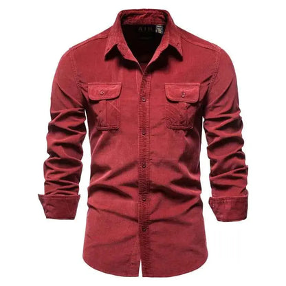 New Single Breasted 100 Percent Cotton Mens Shirt Corduroy Business Casual Solid Color Slim Fit Autumn
