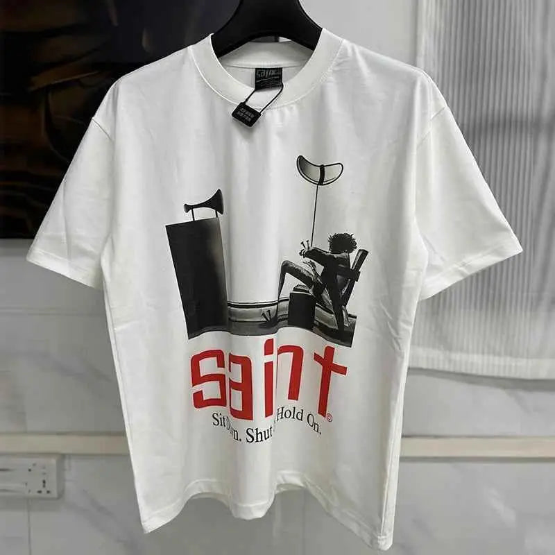 25SS Fingerprint Digital Direct Printing Saint T Shirt Unisex Oversized Vintage Washed Black Tee With Tag