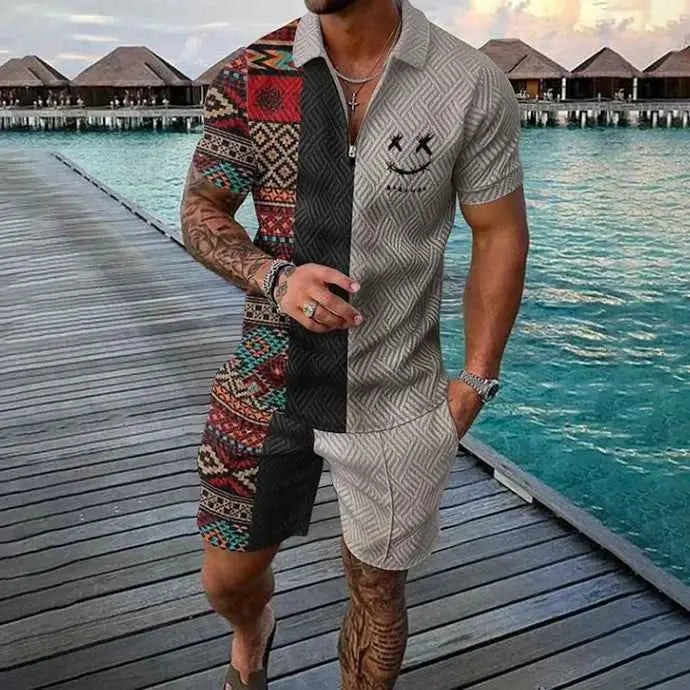 Mens Summer Tracksuit Set 3D Printed Casual Short Sleeve T Shirt With Lapel Zip Polo For Jogging