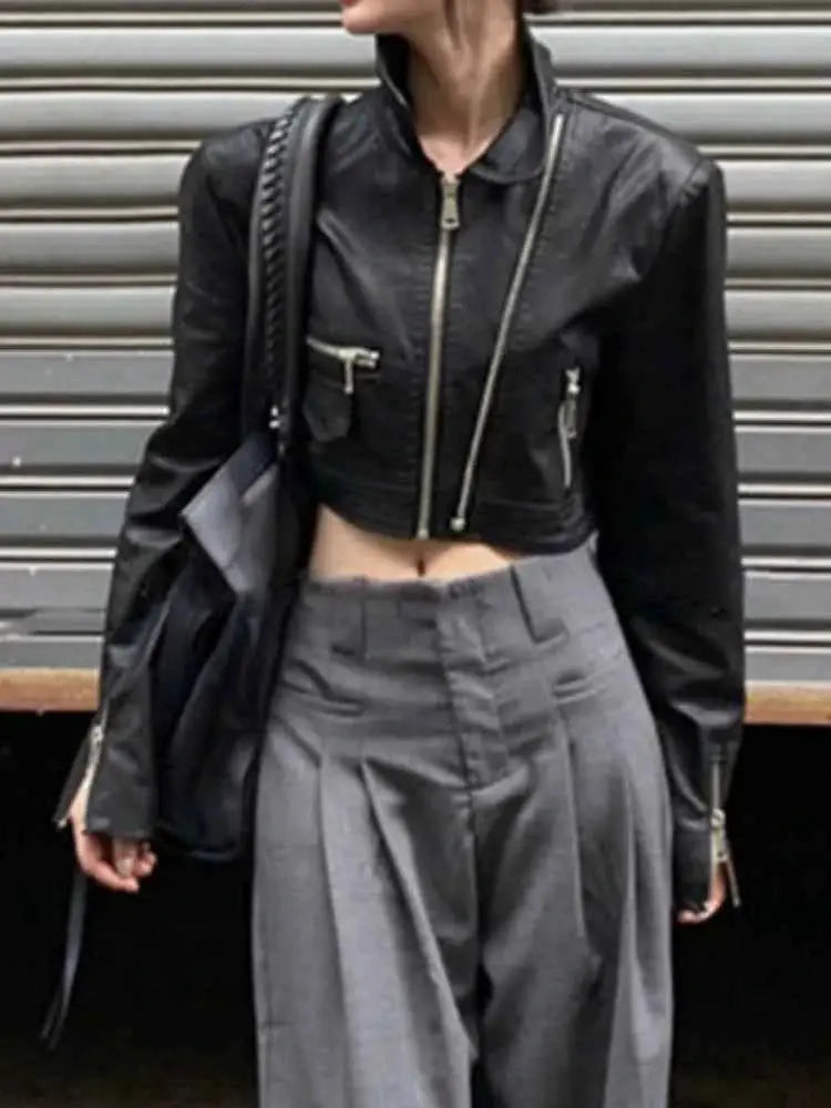 Punk Cropped Black Leather Jacket For Women Zipper Moto Biker Outerwear High Street Irregular Leather Coat New