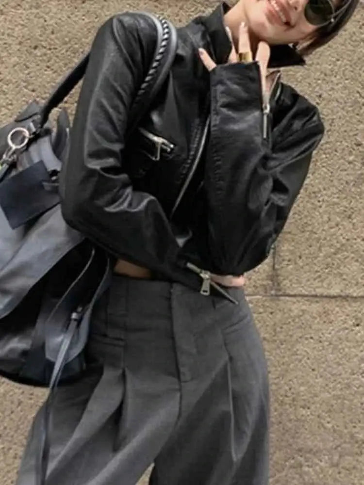 Punk Cropped Black Leather Jacket For Women Zipper Moto Biker Outerwear High Street Irregular Leather Coat New