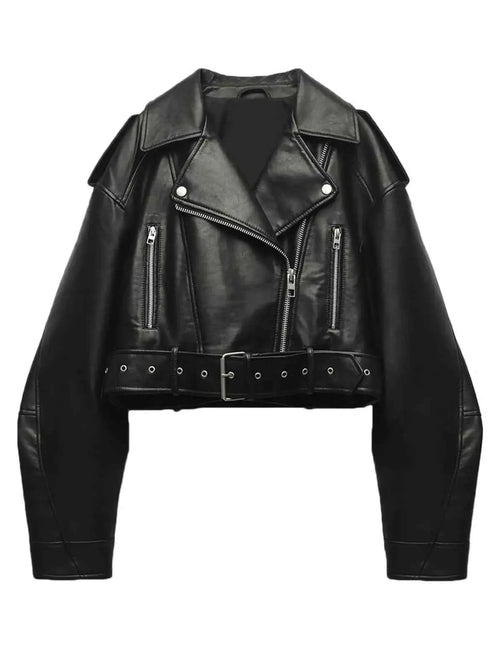 Fitaylor Women Faux PU Leather Jacket With Lapel Zipper Short Motorcycle Style Coat For Casual High Street Fashion