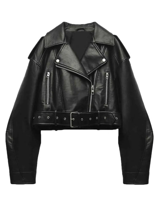 Fitaylor Women Faux PU Leather Jacket With Lapel Zipper Short Motorcycle Style Coat For Casual High Street Fashion