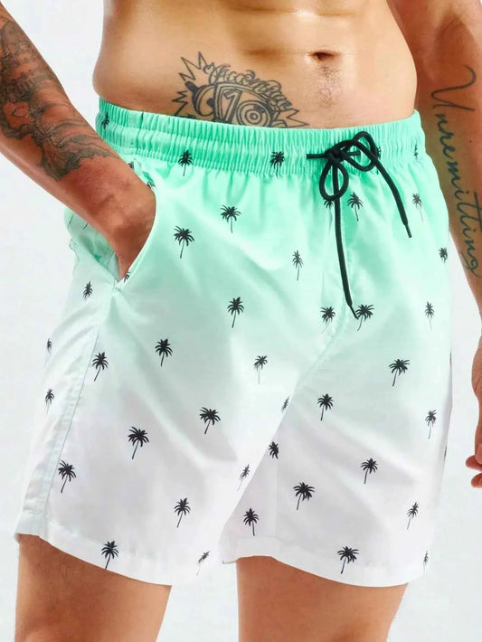 Summer Mens Beach Shorts Coconut Tree Print Drawstring Elastic Waist Breathable Swim Trunks 3D Gradient Streetwear