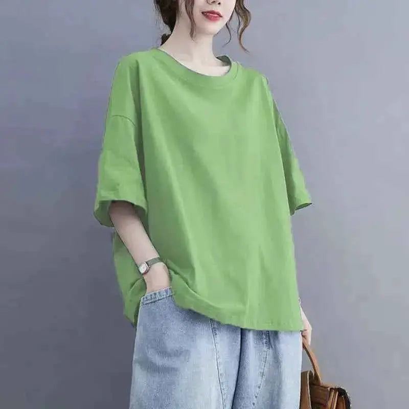 Oversized Womens Casual Korean Solid Color O Neck Short Sleeve T Shirt Summer Loose Pullover Top Tee