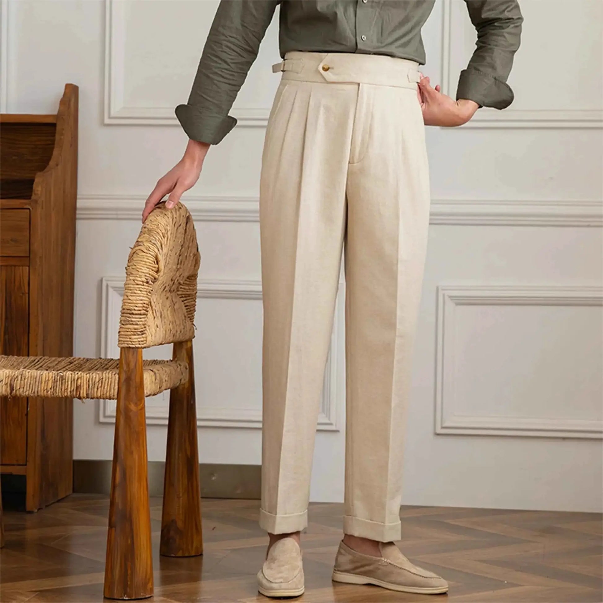 Three Gentlemen Summer Naples Mens Casual Straight Pants Cotton And Linen Breathable High Waist