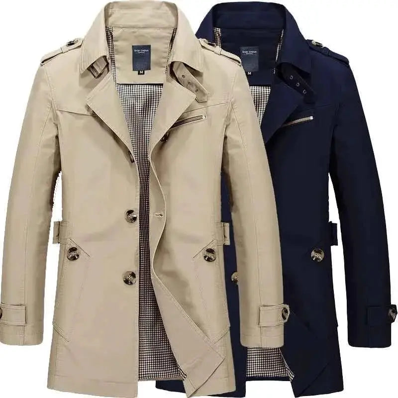 Men's Pure Cotton Windbreaker Long Jacket For Business Casual Streetwear 2025 Spring Summer Autumn Winter