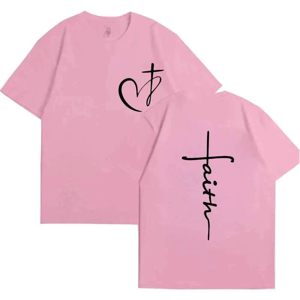 Women's Summer T Shirt Heart Cross Print Faith Jesus Tee Short Sleeve Top Fashion Brand Clothing