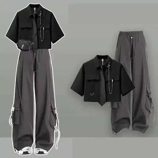 Girls 2026 Summer Casual Tracksuit Set Korean Style Short Sleeve Shirt And Wide Leg Cargo Pants Two Piece