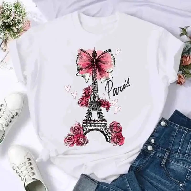 Women's Short Sleeve Butterfly Bow Floral Graphic Tee T Shirt Summer Casual Top For Everyday Wear