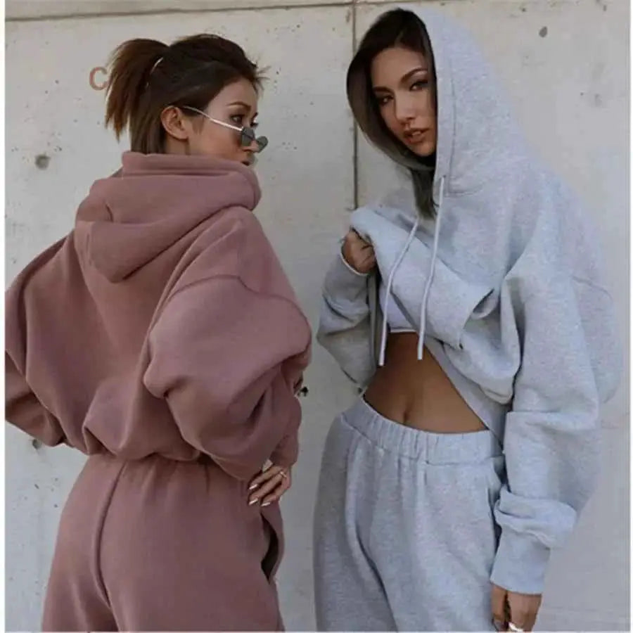 Women Two Piece Hoodie Tracksuit Set Solid Color Sweatshirt Pants For Autumn Winter 2024