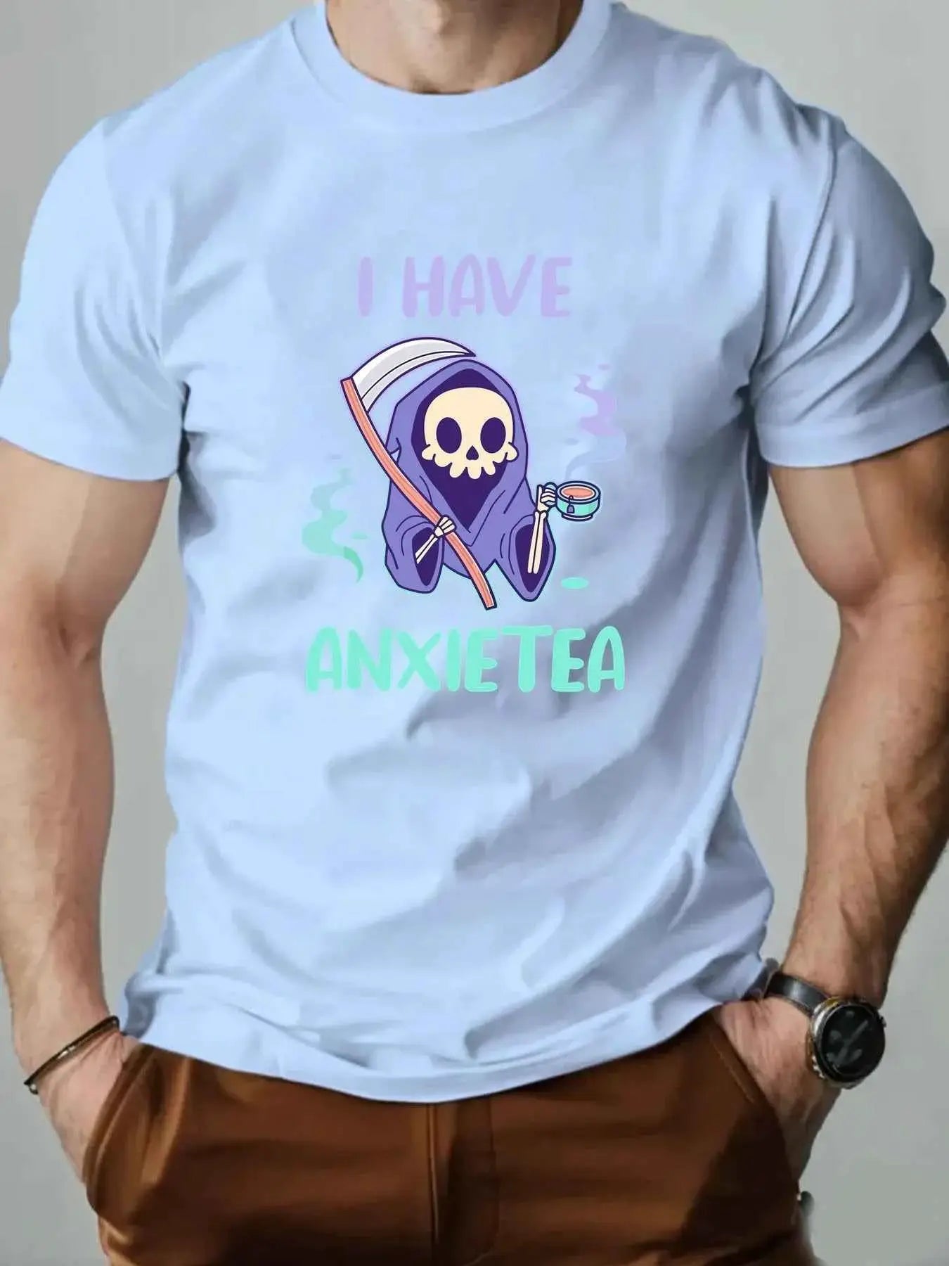 Men 100% Cotton Oversized T Shirt O Neck ANXIETEA Graphic Print Streetwear Casual Loose Fit Summer Tee Top For Daily Wear