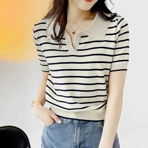 Women Summer Polo T Shirt Short Sleeve Cotton Striped Casual Fashion Top Tee Available In M L XL
